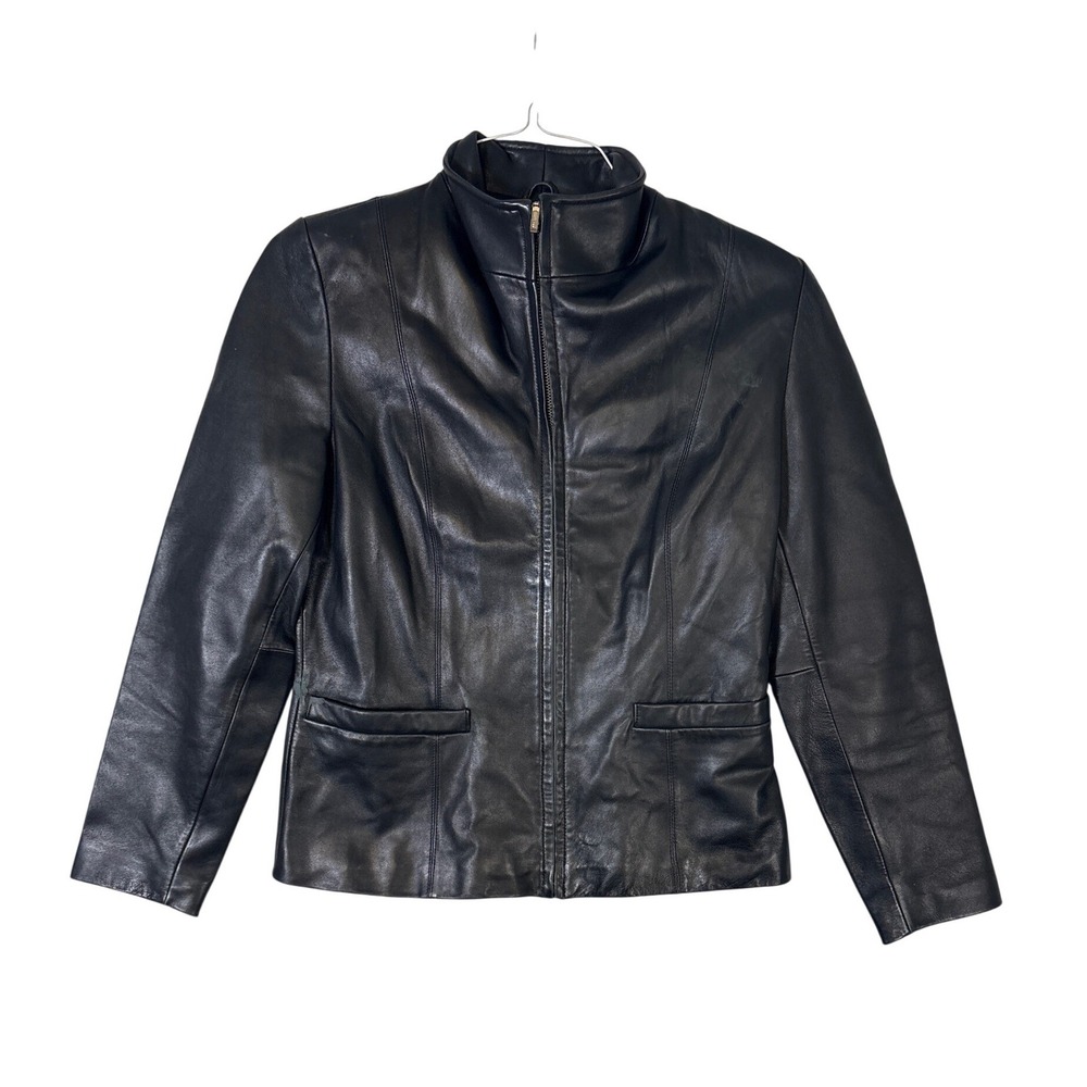 JLC New York Womens Black Leather Jacket Full Zip Mock Neck Size S RN 54163